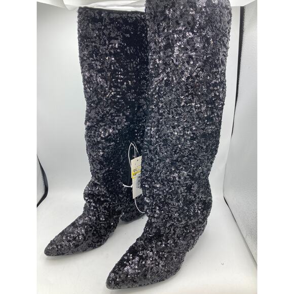 A New Day Abba Black Sequin Covered Foldover Knee High Evening Boots -- Size 8.5 - Picture 2 of 7